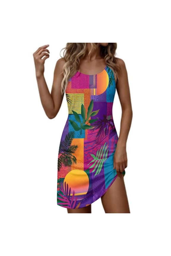Womens Hawaii Dress Floral Print Sleeveless Tank Dress Comfy Round Neck Tunic Cover-Ups Going Out Mini Dress Summer 2026 Multicolor XL