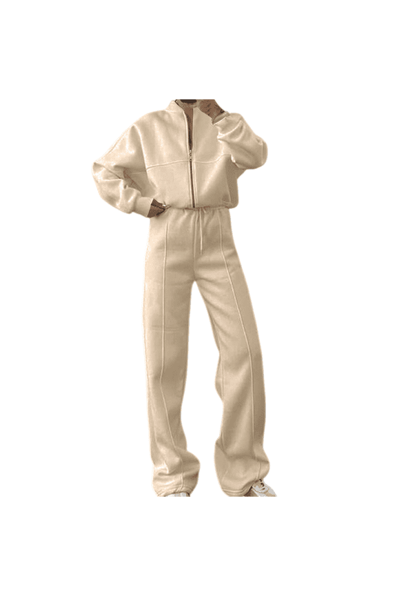 Womens Jogging Suits 2 Piece Set Zipper Front Outfits Wide Leg Pants High Neck Sweatsuit Loungewear Travel Track Suit Beige L
