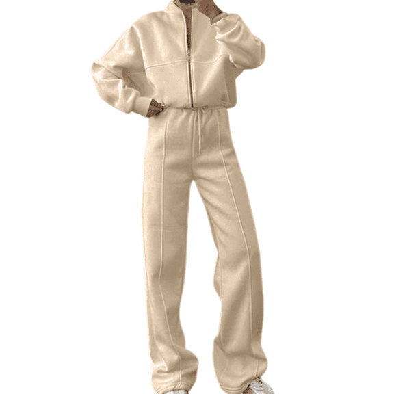 longantii Womens Jogging Suits 2 Piece Set Zipper Front Outfits Wide Leg Pants High Neck Sweatsuit Loungewear Travel Track Suit Beige L
