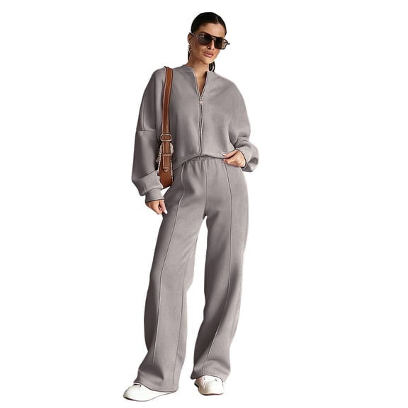 longantii Womens Jogging Suits 2 Piece Set Zipper Front Outfits Wide Leg Pants High Neck Sweatsuit Loungewear Travel Track Suit Khaki M