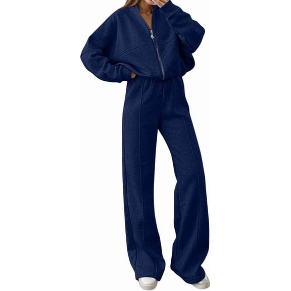 longantii Womens Jogging Suits 2 Piece Set Zipper Front Outfits Wide Leg Pants High Neck Sweatsuit Loungewear Travel Track Suit Navy S