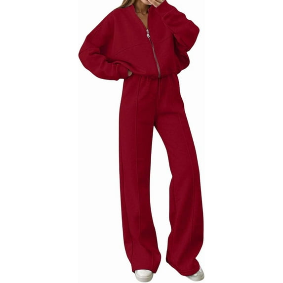 longantii Womens Jogging Suits 2 Piece Set Zipper Front Outfits Wide Leg Pants High Neck Sweatsuit Loungewear Travel Track Suit Red L