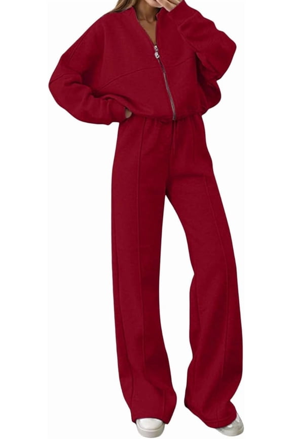 Womens Jogging Suits 2 Piece Set Zipper Front Outfits Wide Leg Pants High Neck Sweatsuit Loungewear Travel Track Suit Red S