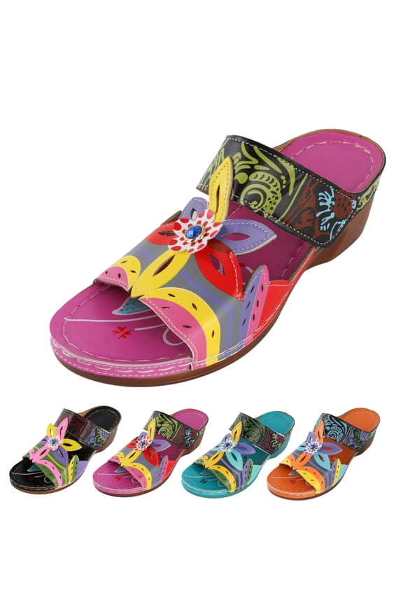 Womens Orthopedic Sandals 2026 Summer Wedge Orthopedic Sandals with Arch Support Comfy Slip on Flower Hollow Peep Toe Platform Slippers Boho Beach Shoes Purple