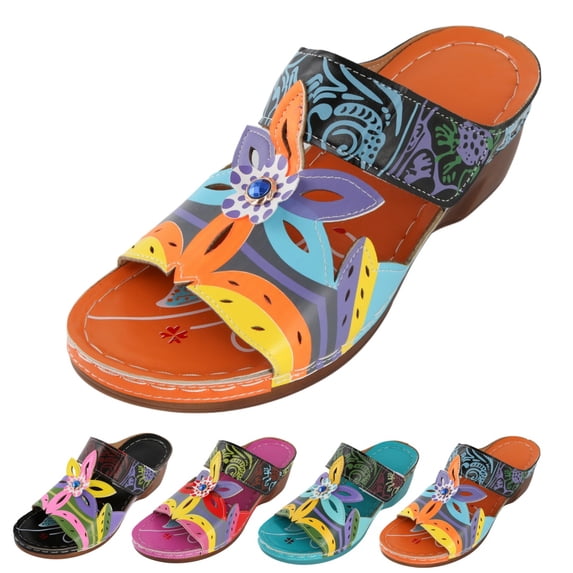 longantii Womens Orthopedic Sandals 2026 Summer Wedge Orthopedic Sandals with Arch Support Comfy Slip on Flower Hollow Peep Toe Platform Slippers Boho Beach Shoes Orange