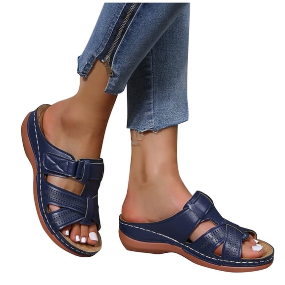 longantii Womens Orthopedic Sandals Arch Support Flat Wedge Sandals Breathable Non Slip Slip on Sneakers Beach Vacation 2026 New Orthopedic Shoes Dark Blue