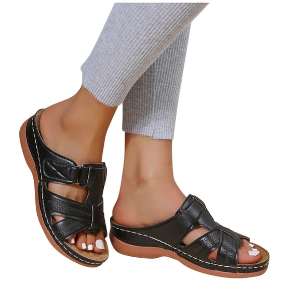 longantii Womens Orthopedic Sandals Slip on Non Slip Arch Support Flat Wedge Sandals Breathable Work Shoes 2026 New Soft Orthopedic Shoes Black