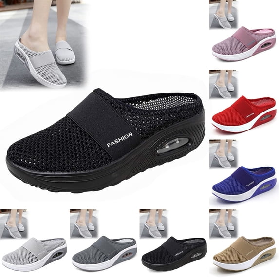 longantii Womens Orthopedic Shoes Arch Support Slip on Non Slip Work Shoes Wide Knitted Mesh Stretch Volleyball Shoes Soft 2026 Foam Shoes Black