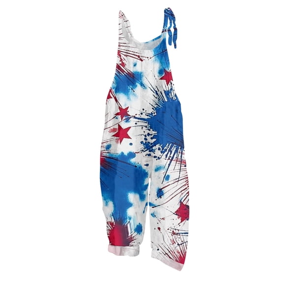 longantii Womens Overalls 4th Of July Floral Printed Jumpsuits Baggy Sleeveless Straight Leg Long Pant Summer Spaghetti Straps Clothes Red 2XL