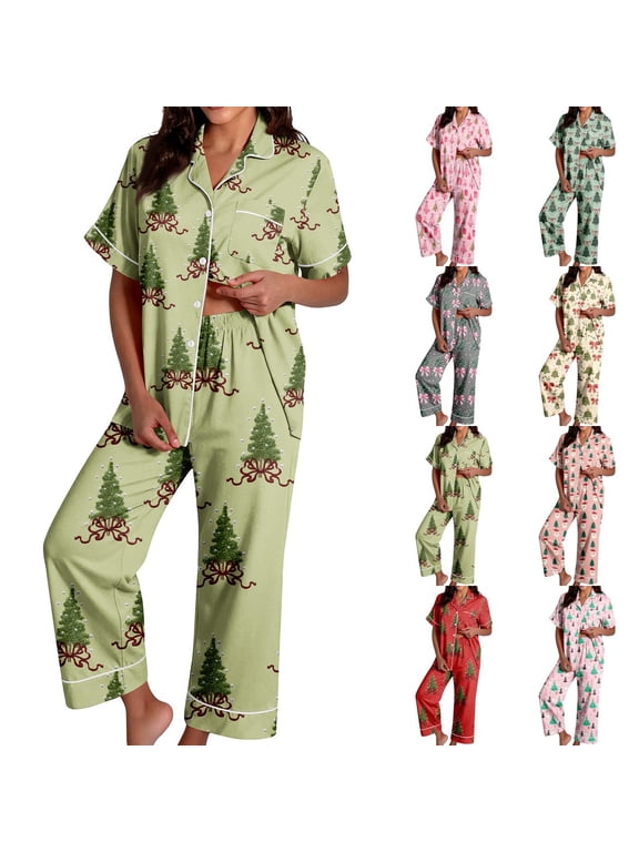 Womens Pajama Sets, Soft Premium Christmas Sleepwear, Lightweight Button Down Collar Top, Breathable Elastic Waist Long Pants, Comfy Xmas Festive Print