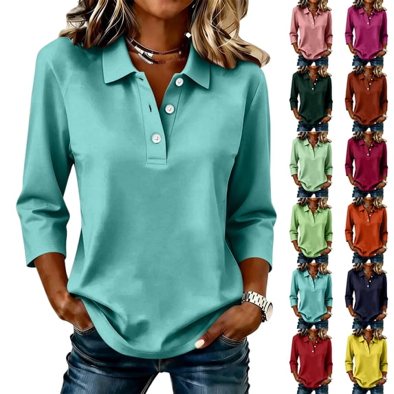 longantii Womens Polo Shirts for Work Golf Collared Button Vintage 3/4 Sleeve Tops Lightweight Work Polo Shirt for School Womens Teacher Blouses