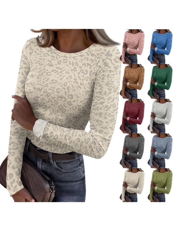 Womens Ribbed Knit Long Sleeve Underscrub Top Leopard Print Stretch Slim Fitted Tee Basic Crewneck Workout Casual Fall Shirt