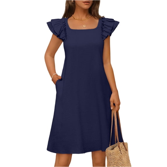 longantii Womens Ruffle Dress Relaxed Fit Square Neck Flutter Sleeve Mini Dress Fashion Bow Tie Back Solid Color Dresses with Multi-Pocket Blue L