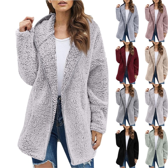 longantii Womens Sherpa Fleece Jacket Hooded Full Zip Fuzzy Plush Cardigan Mid-Length Long Sleeve Outerwear with Pockets Trendy Cozy Warm Fall Winter Coat