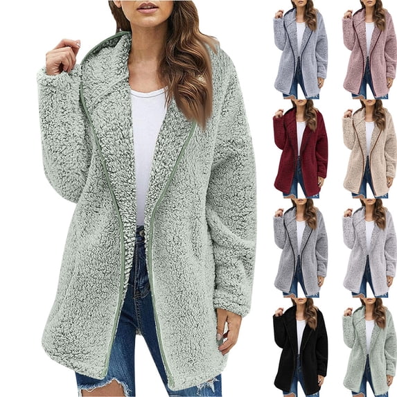 longantii Womens Sherpa Fleece Jacket Hooded Zip Up Fuzzy Plush Coat Long Sleeve Mid-Length Cardigan Outerwear with Pockets Trendy Casual Fall Cozy Winter Coat