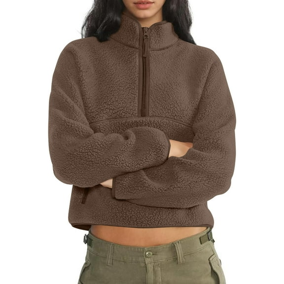 longantii Womens Sherpa Fleece Sweatshirt Long Sleeve Half Zip Oversized Pullover Tops Fall Winter Warm Fuzzy Coats Camel XS