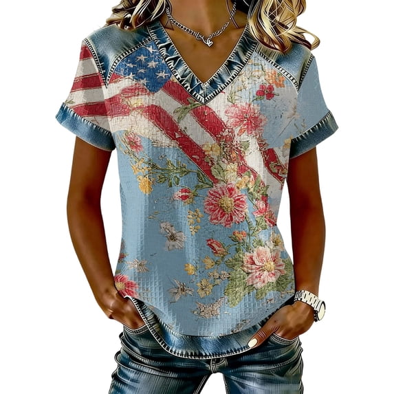 longantii Womens Shirts 4th Of July Modern Fit Blouses Comfy Vneck Short Sleeve Tees 250 Years Of Freedom Floral Printed Clothing Summer Blue 2XL
