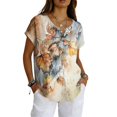 thumbnail image 1 of longantii Womens Spring Tops Dressy Linen Graphic T-Shirts Loose Vneck Short Sleeve Blouses Multi-Color Button Down Clothes Brown M, 1 of 5