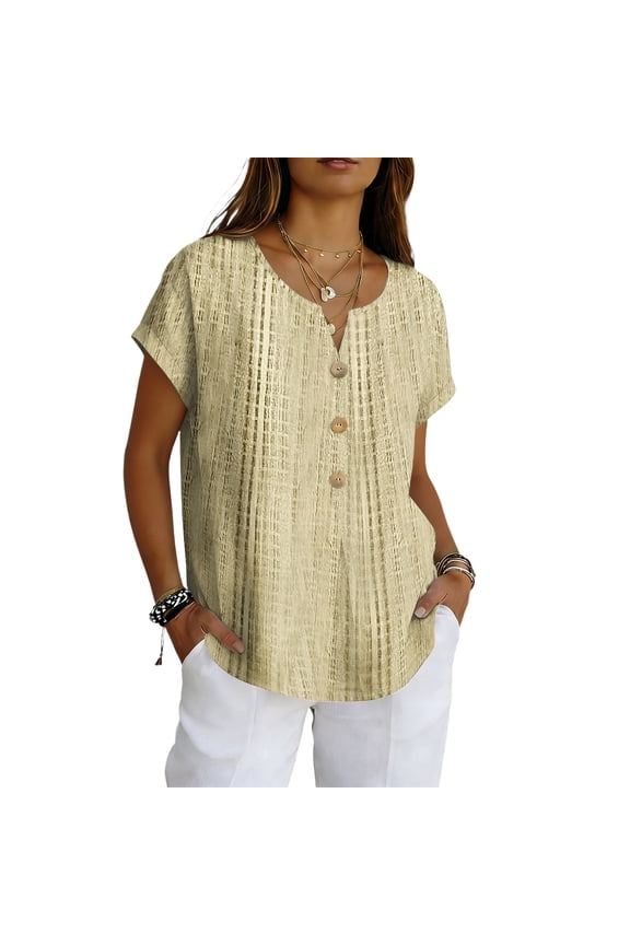 Womens Spring Tops Trendy Linen Floral Tshirts Modern Fit V-Neckline Short Sleeve Pullover Multi-Color Button Down Clothing Brown L