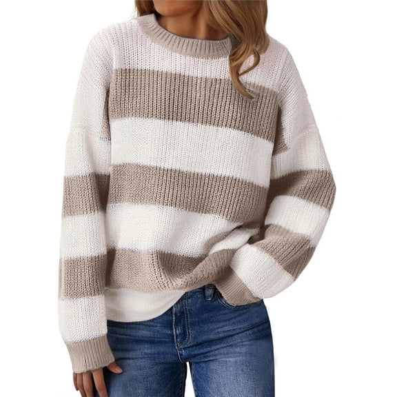 longantii Womens Striped Sweater Oversized Cute Color Block Sweaters Winter 2025 Trendy Knit Crew Neck Thin Pullover Coffee S