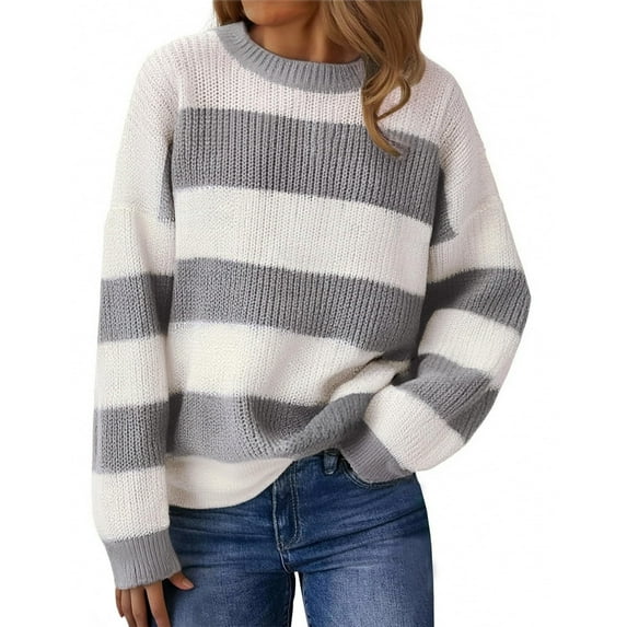 longantii Womens Striped Sweater Oversized Cute Color Block Sweaters Winter 2025 Trendy Knit Crew Neck Thin Pullover Gray M