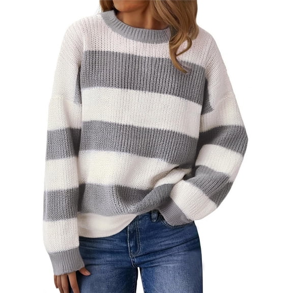 longantii Womens Striped Sweater Oversized Cute Color Block Sweaters Winter 2025 Trendy Knit Crew Neck Thin Pullover Gray S
