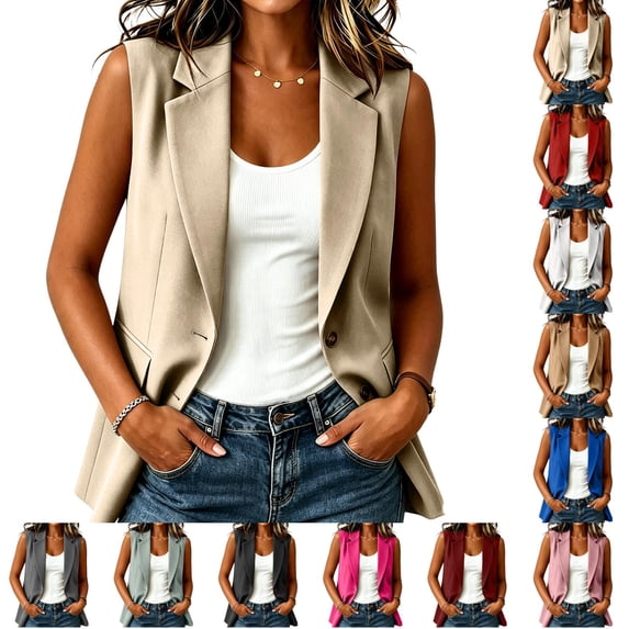 longantii Womens Summer Blazers Basic Sleeveless Collared Blazer Vest Relaxed Fit Business Suit Button Front Wear with Multi-Pocket Beige XL