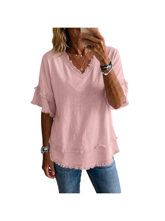 Womens Summer Gauze Tops V Neck Short Sleeve Raw Edge Hem Cotton Linen Tunic Blouse Beach Vacation Tees Pink 2XL