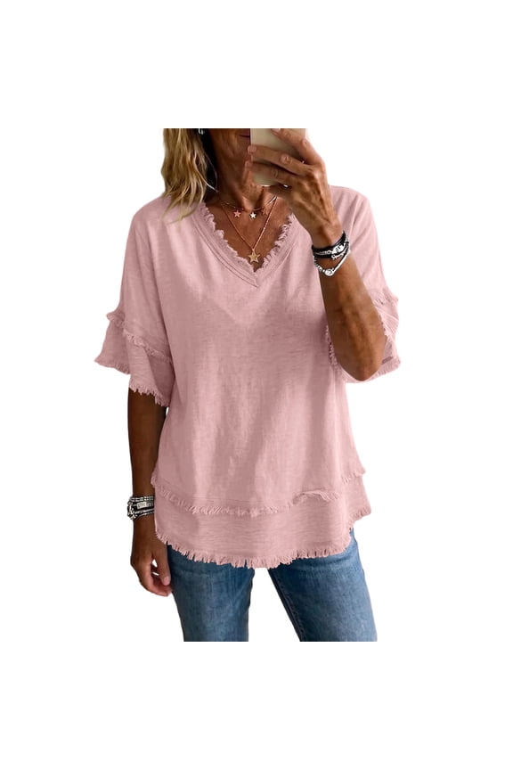 Womens Summer Gauze Tops V Neck Short Sleeve Raw Edge Hem Cotton Linen Tunic Blouse Beach Vacation Tees Pink 3XL