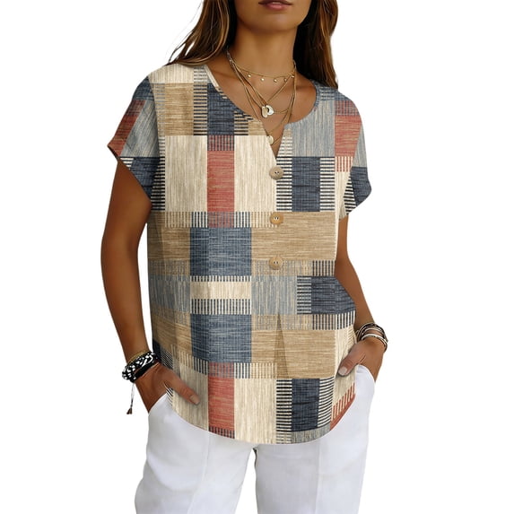longantii Womens Summer Tops Trendy Cotton Linen Floral Tshirts Relaxed Fit V-Neckline Short Sleeve Blouses Multi-Color Button Down Clothing Brown L