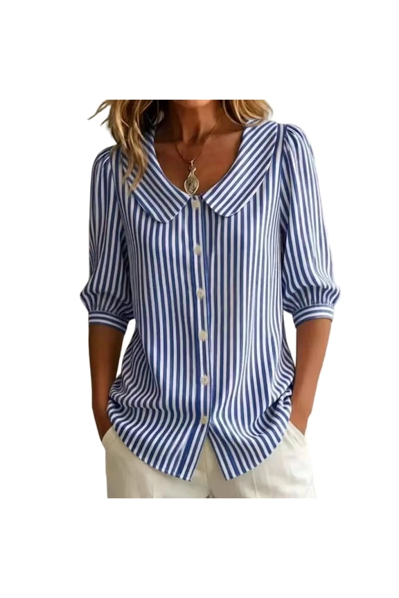 Womens Summer Tops Vintage Striped Peter Pan Collar Tshirts Classic Fit Puff Sleeve Tops Button-Down Retro Printed Wear Spring 2026 Blue L