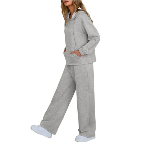 longantii Womens Sweatsuits 2 Piece Track Suit 2025 Casual Solid Color Long Sleeve Hoodie Wide Leg Sweatpants Matching Sets Fall Winter Tracksuit Travel Airport Outfits Light Gray M