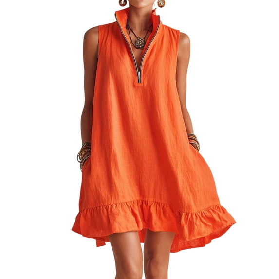 longantii Womens Swimsuit Cover Up Shirt Notched V Neck Front Zip Up Coverups Sleeveless Ruffle Hem Beach Vacation Mini Sun Dress Saffron XL