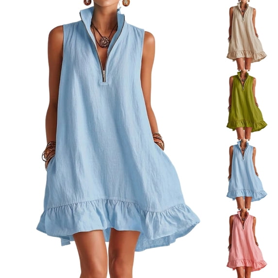 longantii Womens Swimsuit Cover Up Shirt Notched V Neck Front Zip Up Coverups Sleeveless Ruffle Hem Beach Vacation Mini Sun Dress Sky Blue XXL
