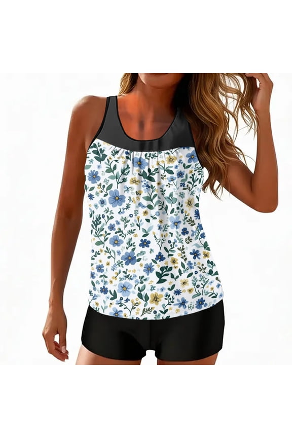 Womens Swimsuits Tankini Two Piece Bathing Suits Floral Print Blouson Tank Tops Tummy Control Modest Swimsuits with High Waist Board Shorts Tankini Swimwear Blue S