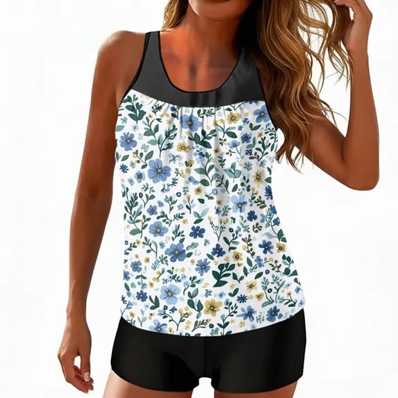 longantii Womens Swimsuits Tankini Two Piece Bathing Suits Floral Print Blouson Tank Tops Tummy Control Modest Swimsuits with High Waist Board Shorts Tankini Swimwear Blue M