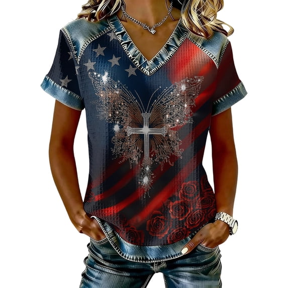 longantii Womens T-Shirt 4th Of July Relaxed Fit Pullover Casual V-Neck Short Sleeves Tees Anniversary 250 Flag Floral Clothes Summer Blue M