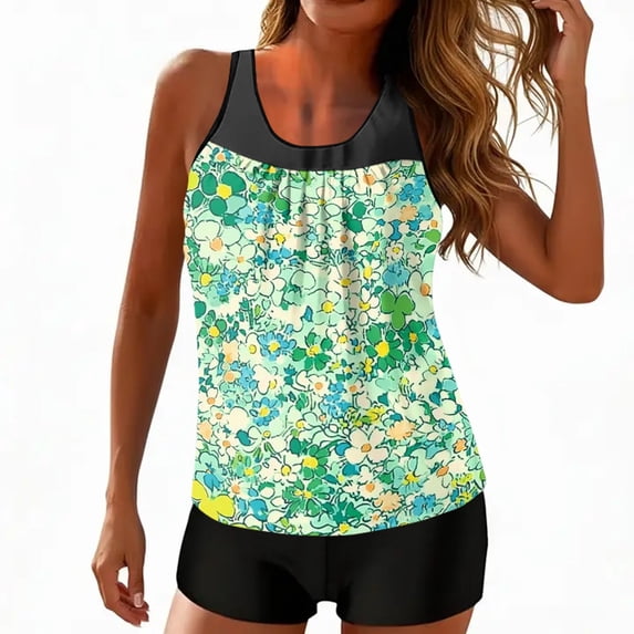 longantii Womens Tankini Bathing Suits Two Piece Bathing Suits Fashion Printed Blouson Tank Top Tummy Control Modest Swimsuits with High Waist Board Shorts Tankini Swimwear Green XXL