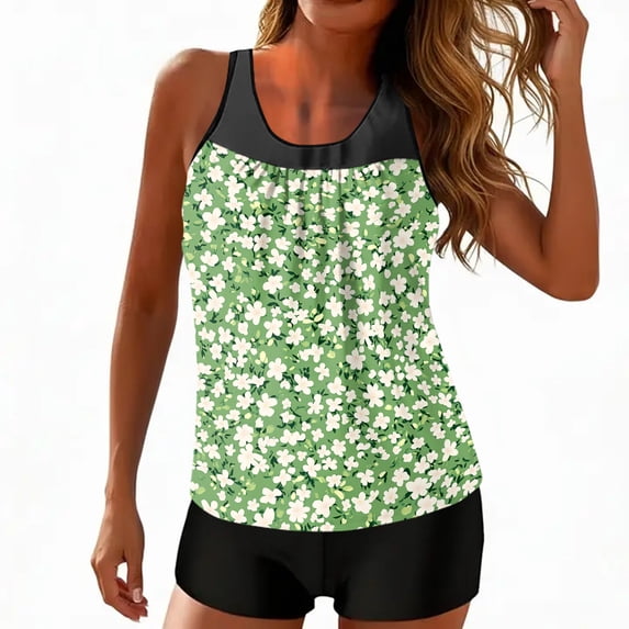 longantii Womens Tankini Bathing Suits Two Piece Fashion Printed Blouson Tank Tops Tummy Control Modest Swimsuits with High Waist Swim Shorts Tankini Swimwear Green XXL