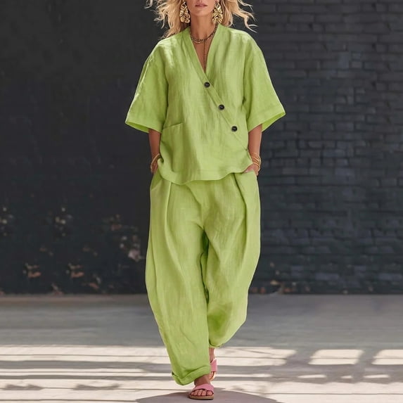 longantii Womens Two Piece Outfits Ruffle Hem Sleeveless Vneck T-Shirts Comfy Wide Leg Drawstring Trousers Modern Fit Sweatsuits with Multi-Pocket Green 2XL
