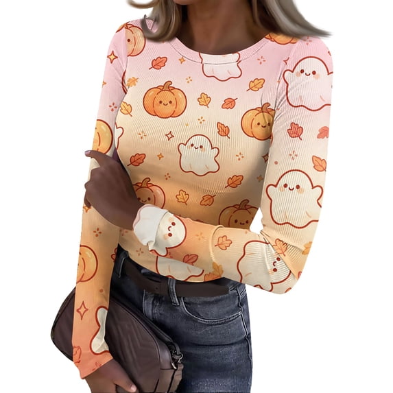 longantii Womens Underscrub Long Sleeve Halloween Shirts, Slim Fit Ribbed Knit Crewneck Tops Cute Ghost Pumpkin Fall Print Stretch Basic Tees Holiday Outfits