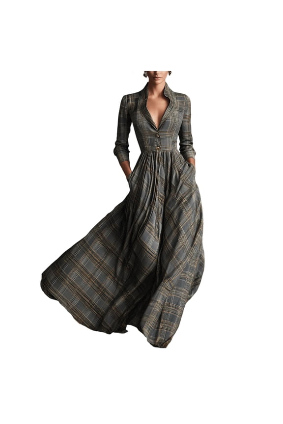Womens Vintage Plaid Maxi Dress Western Collared Long Sleeve Button Down Shirt Dress Pleated Waist Elegant Flowy Party Dress with Pocket Gray L
