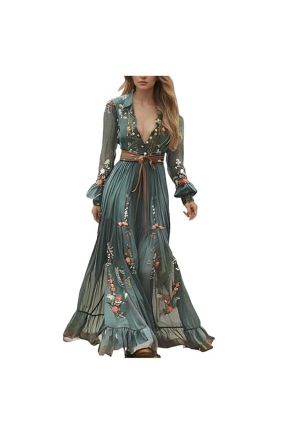 Womens Vintage Western Cowgirl Dresses Lace Deep V Neck Long Sleeve Maxi Dress Vintage Floral Western Dresses Army Green M
