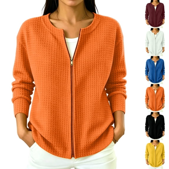 longantii Womens Waffle Knit Zip Up Cardigan Sweater Long Sleeve Crewneck Full Zipper Jacket With Pockets Relaxed Fit Y2K Casual Fall Tops