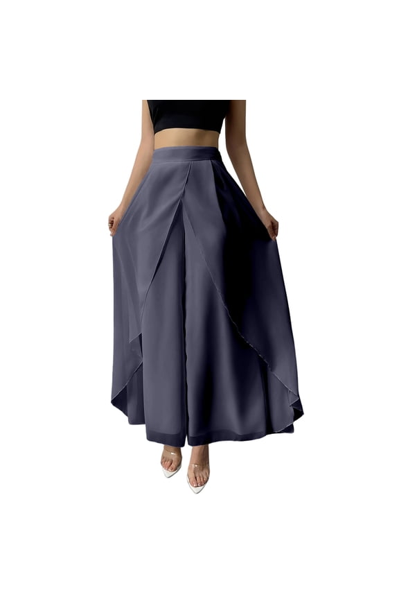 Womens Wide Leg Pants Loose Fit Chiffon Palazzo Trendy High Waist Skirt Pants Solid Color Daily Flowy Trousers Gray L
