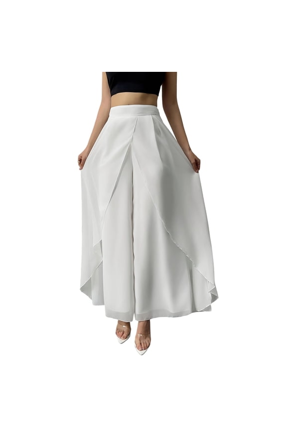 Womens Wide Leg Pants Relaxed Fit Chiffon Palazzo Comfy High Waist Skirt Pants Solid Color Daily Flowy Trousers White XL