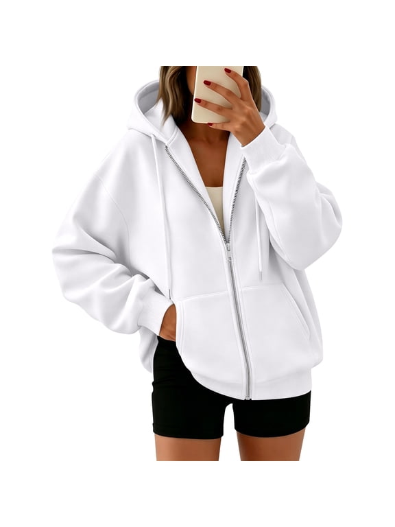 Womens Zip Up Hoodies Fleece Jackets Oversized Sweatshirts Fall Fashion Outfits 2026 Sweaters Winter Clothes White XXL