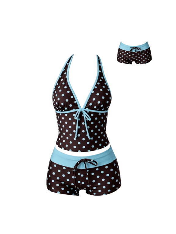 Y2k Vintage 2 Pieces Bikini Set Coquette Halter Tankini Top with Shorts Whimsy Polka Dot Beach Swimsuit Vacation Outfit 2026 Blue S