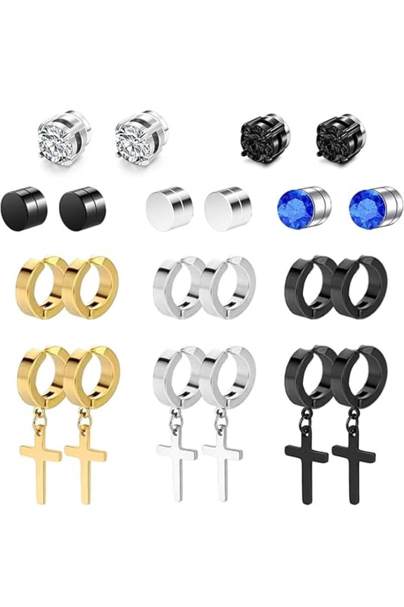 11 Pairs Magnetic Earrings -  Clip On Earrings, Non-Pierced, Fake Earrings - Black Cross Hoop Dangle for Men & Women