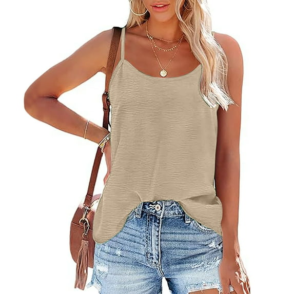 loopsun Plus Size Tops for Womens,Womens Summer Tops,Summer Women Solid Color Round Neck Sleeveless Casual Tee Tops Tank Beige XL